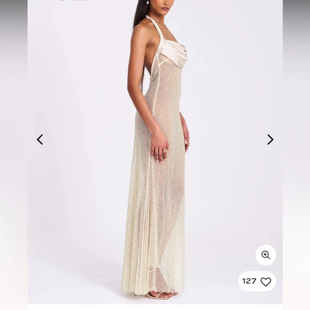 Zahya Lime Halter Backless Beaded Mesh Gown - Picture 6 of 7
